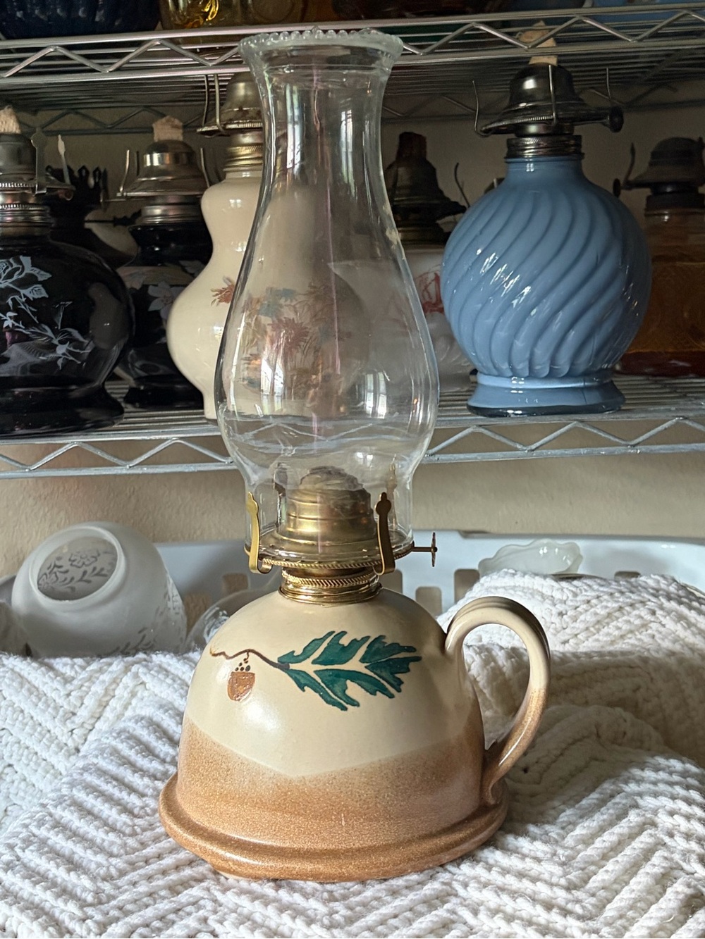 Vintage Stoneware Oil Lamp with Hand-Painted Acorn &
Oak Leaf Motif